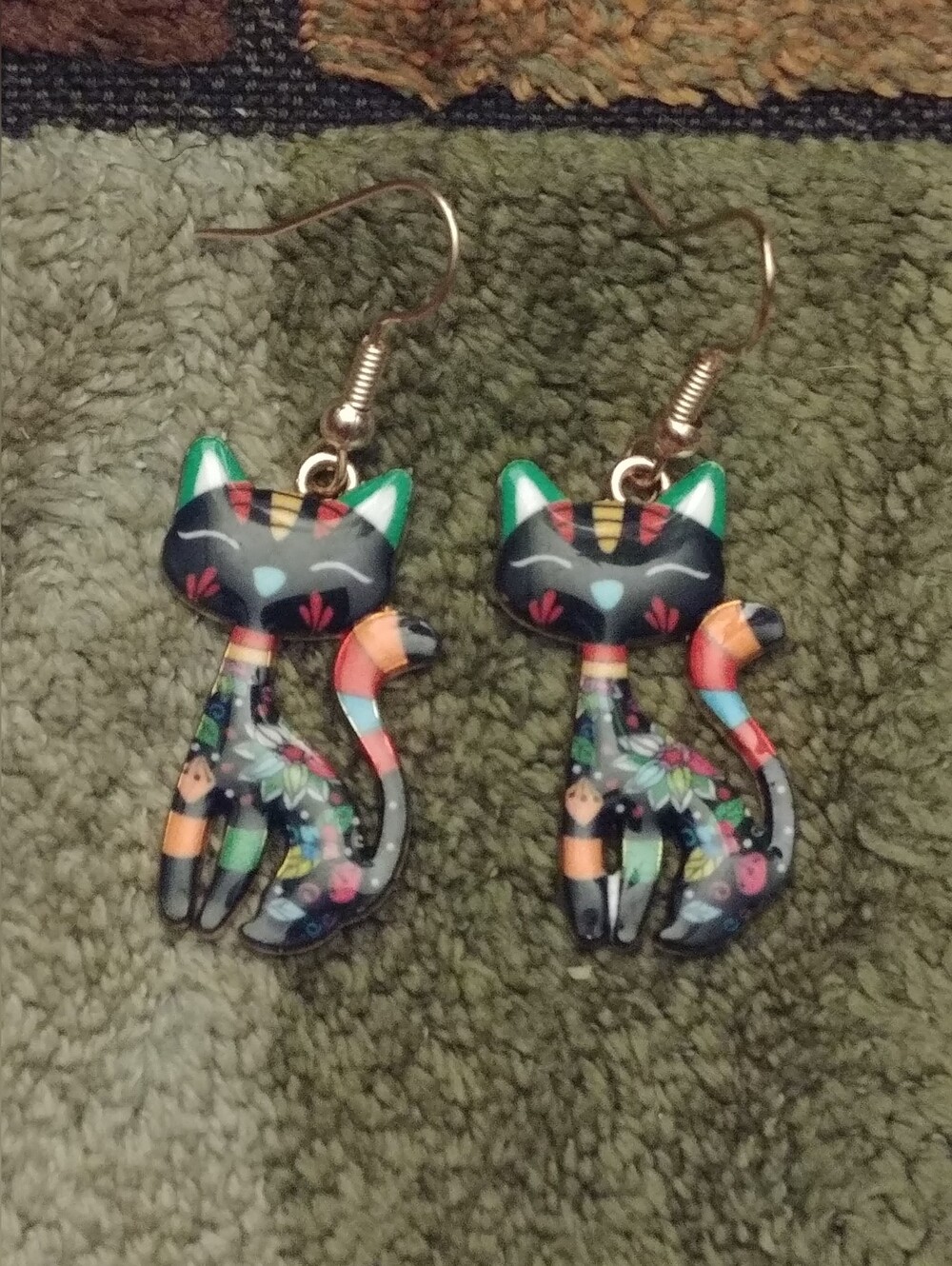 Black Multicolor Floral Cat Earrings